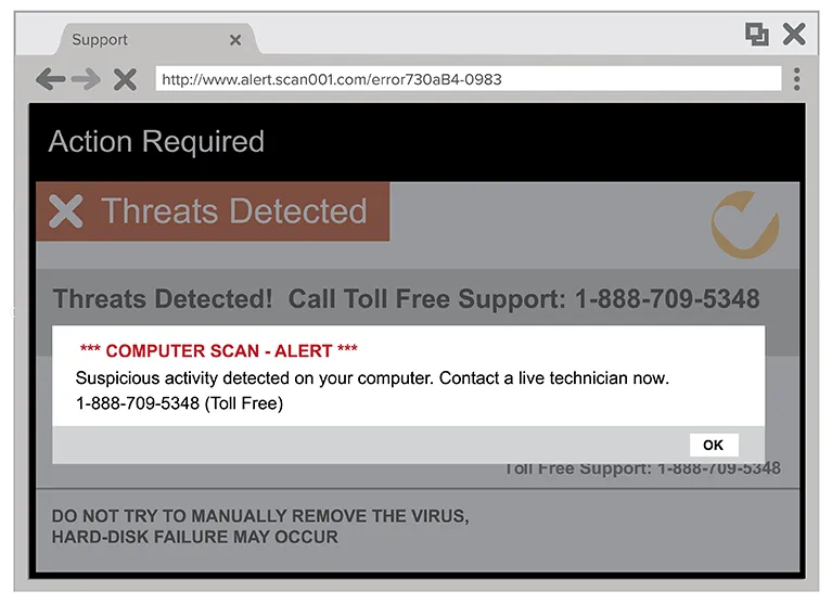 Fake pop-up alerting the user of supposed suspicious activity on their device, with a callback number for tech support